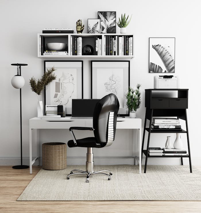 Sleek home office with modern furniture, minimalist decor, and organized workspace.